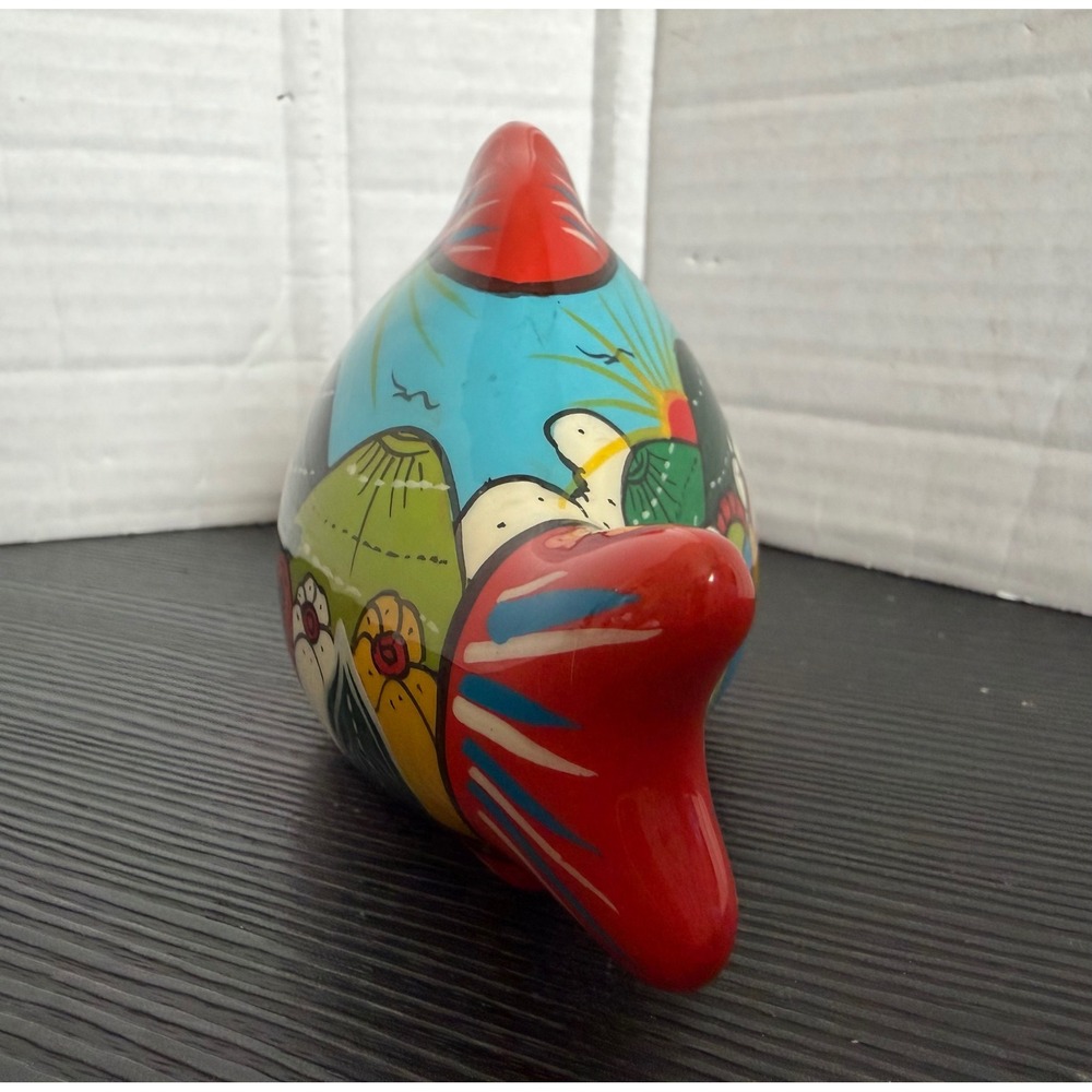 Mexican Folk Art Pottery Fish Figurine Hand Painted Village Scene Tonala Style - Picture 4 of 6